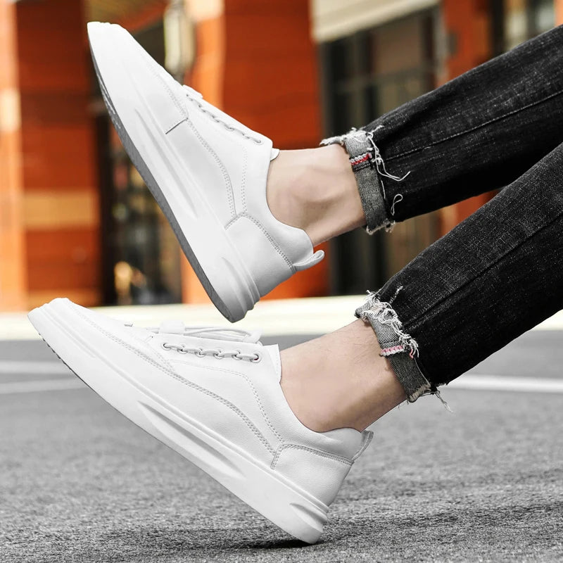 Genuine Cow Leather Soft Surface Spring and Autumn Fashion White Sneakers for Men